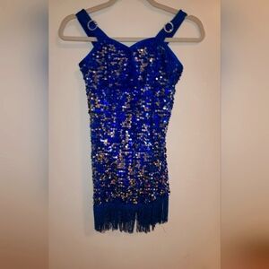 Curtain call costume XLC Blue sequins Fringe  tap jazz contemporary competition